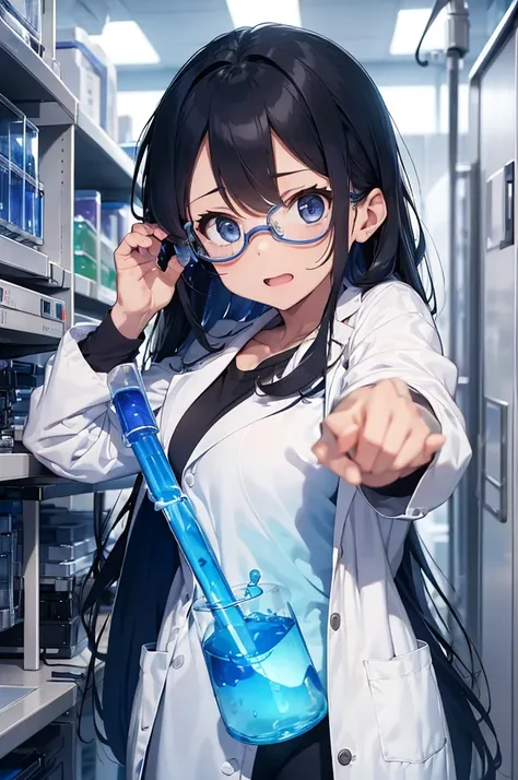 A determined female scientist in a high-tech laboratory, wearing a lab coat and protective goggles. She is holding a test tube filled with a glowing blue liquid, with complex scientific equipment surrounding her. Her expression is one of intense concentrat...