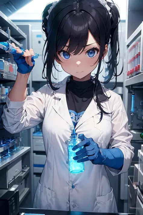 A determined female scientist in a high-tech laboratory, wearing a lab coat and protective goggles. She is holding a test tube filled with a glowing blue liquid, with complex scientific equipment surrounding her. Her expression is one of intense concentrat...