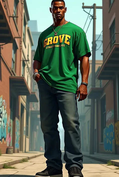 African American wearing a grove street families outfit from GTA San Andreas 1990s setting