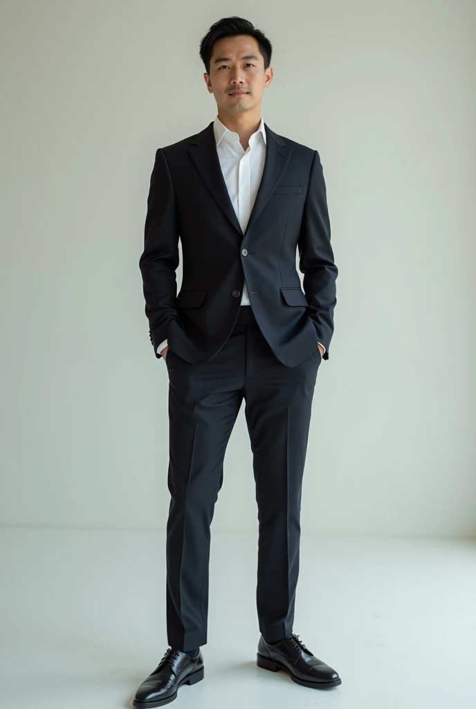 A slim but slightly muscular Japanese man in a suit, Photographed with a smartphone, Top quality, 1 beautiful men, Perfect Face, Japanese men, age 36, suit, center part, short hair, black hair, Posing like a magazine cover,