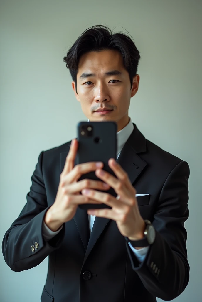 A slim but slightly muscular Japanese man in a suit, Photographed with a smartphone, Selfie, Top quality, 1 beautiful men, Perfect Face, Japanese men, age 41, suit, center part, short hair, black hair, oily hair, Posing like a magazine cover,