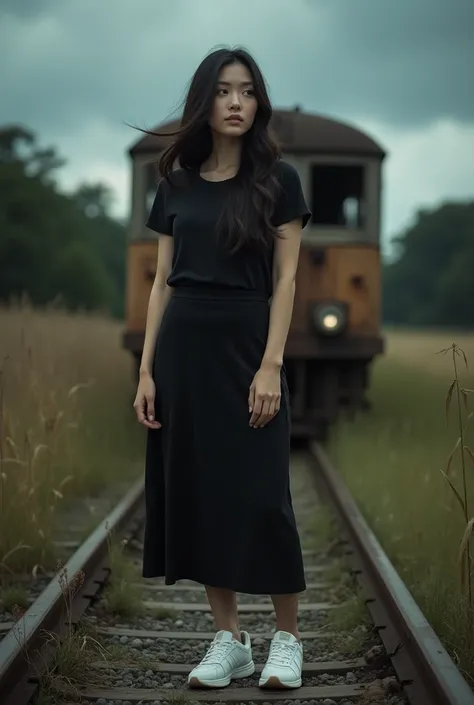 cinematic professional portrait (solo),  a 3 asian woman with long hair, curvy body, wearing a plain black t-shirt, a plain black 7/8 length skirt, white newbalance shoes, standing in front of an old rusty train, with an old abandoned station, tall grass, ...