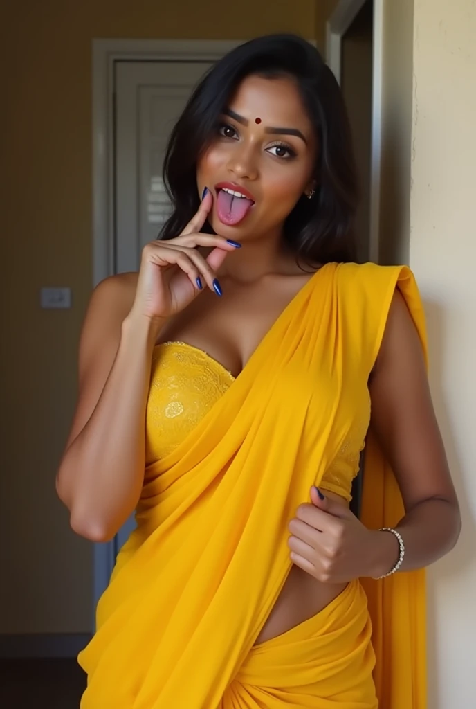 indian lady,aged 30 years, wearing yellow saree, big butts, big breasts, making slutty gesture with her tongue