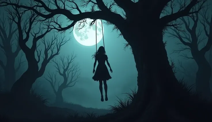   A haunting image of a woman hanging herself from a large tree in a dark forest with dim moonlight.
