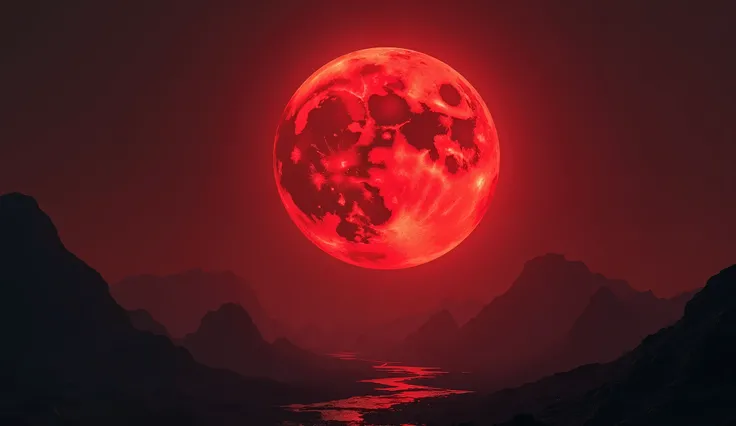 Arafud view of the full moon rising over the mountains, Epic Red- Orange Moonlight, Blood Moon background, 详细的深Red Moon, Blood Moon, Moon Landscape, Moon surface, Red Moon, huge Red Moon, Beautiful moonlight, during a Blood Moon, blood Red Moon, full Blood...