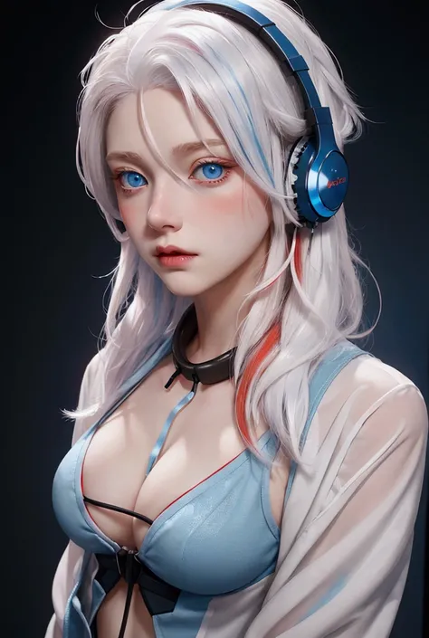 White haired boy with red highlights and blue eyes. Breasts, blush, blue eyes, headphones, streaked hair, 