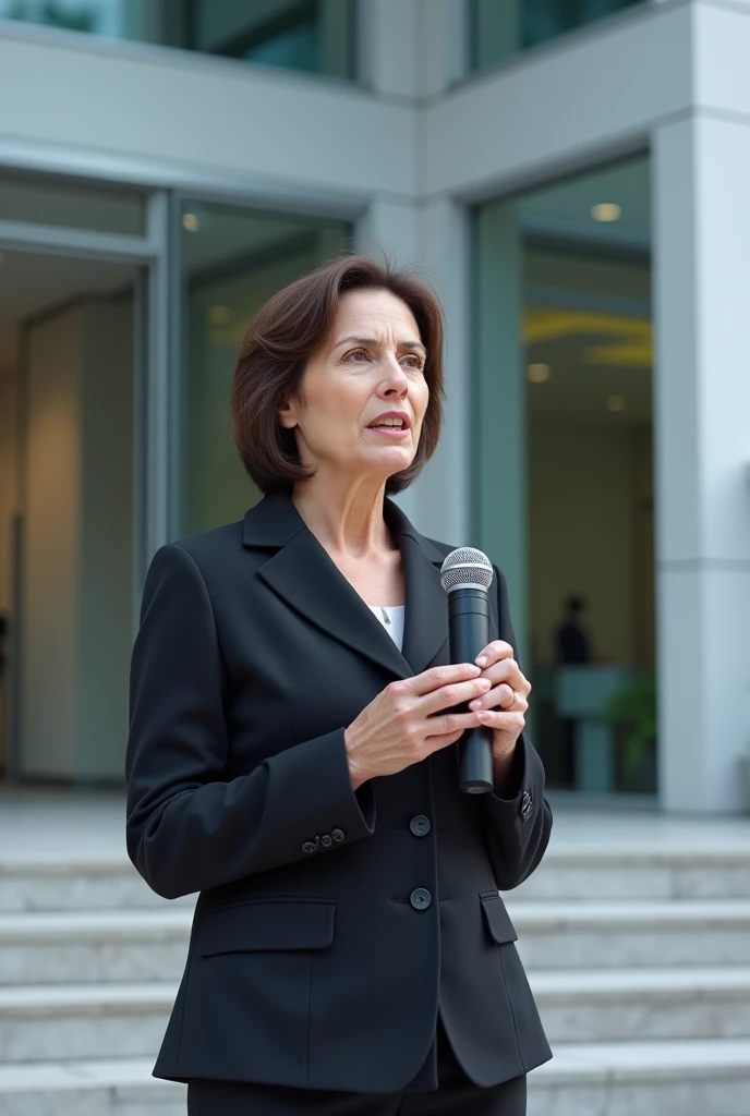 50-year-old woman, brunette, with black eyes and formal wear, speaking into a microphone on the facade of a white building with a glass door and stairs