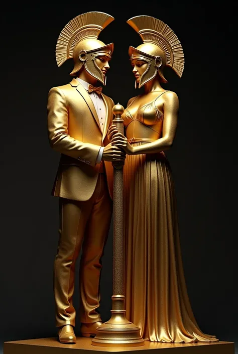 Gold statue of a man and women, wearing toxido formal suit and dress and wearing spartans helmet, holding invicible object in hand, 90 degree hand position, gold texture, whole body, black background, high quality, 4k resolution, intricate detailed