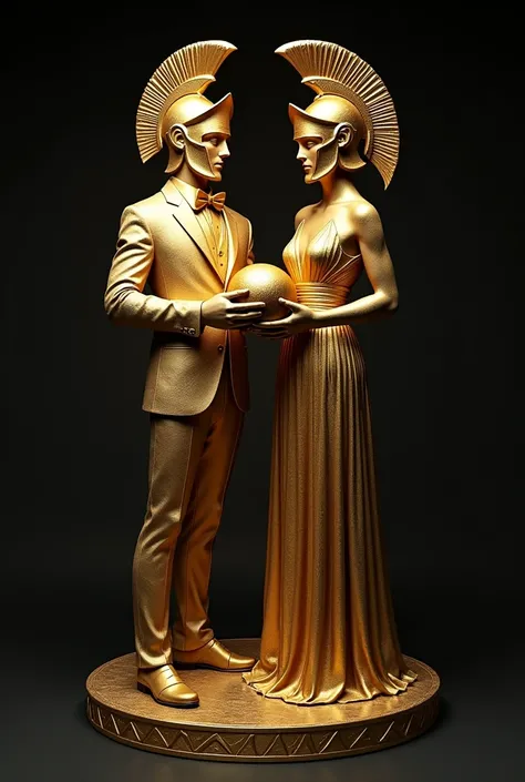 Gold statue of a man and women, wearing toxido formal suit and dress and wearing spartans helmet, holding invicible object in hand, 90 degree hand position, gold texture, whole body, black background, high quality, 4k resolution, intricate detailed