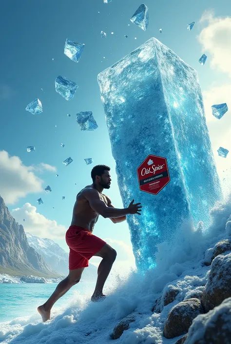 Visual:

scenery: A dark-skinned man with a strong and charismatic appearance is in a scene that mixes the everyday with the extraordinary. For example, could be pushing a giant block of ice uphill, with a determined expression on his face. As the ice push...