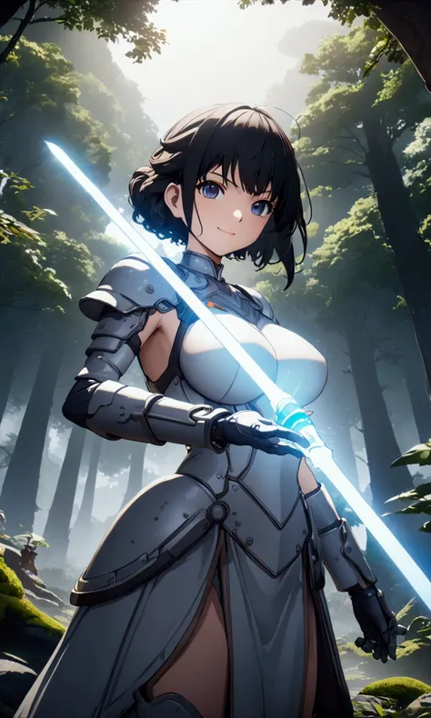 ((Highest quality、masterpiece、best quality,unreal engine,unity 8k wallpaper,anime style,animation style、High resolution、8k、detailed、ultra-detailed,upper body:1.3)),smile, adult woman,(((((Holds an energy sword in his right hand,battle dress,battle monster、...