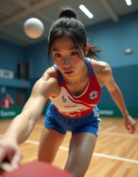 (Photorealism:1.2), beautiful woman, She is playing table tennis.. South Korea national team player.