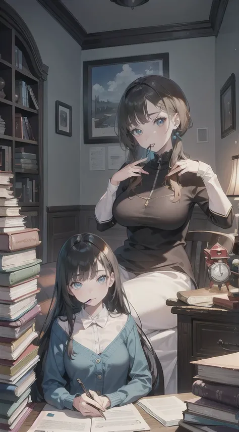 woman having big tits, tiger with a clear and detailed face having realistic eyes and mouth, aniaml, doll, cute, small, one room, warm, studying, books, coffee