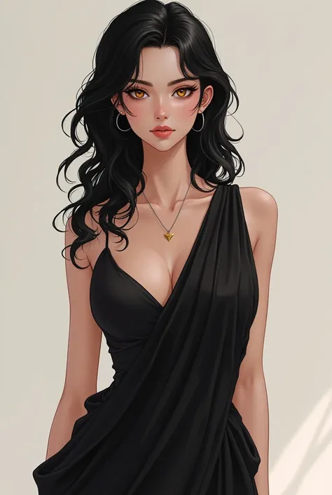 Beautiful adult woman with black hair and amber eyes with perfect curvy anatomy, Ancient Greek clothing in black, anime style 