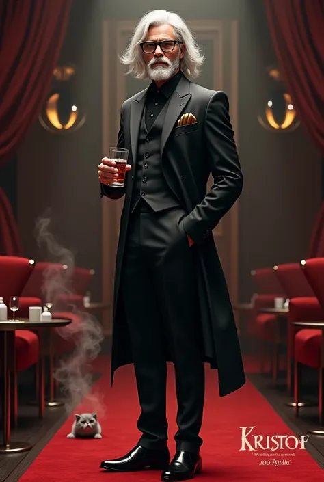 Create a realistic image where a young man with mid long white coloured hair and beard but hes actually young and wearing black luxury suit and a ni black spectacles and standing on luxury floor with red carpet, hes holding a whiskey glass in his hand and ...