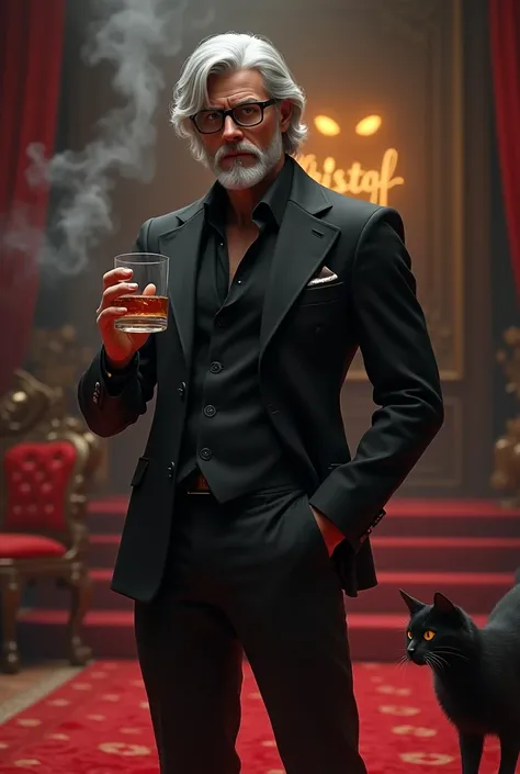 Create a realistic image where a young man with mid long white coloured hair and beard but hes actually young and wearing black luxury suit and a ni black spectacles and standing on luxury floor with red carpet, hes holding a whiskey glass in his hand and ...