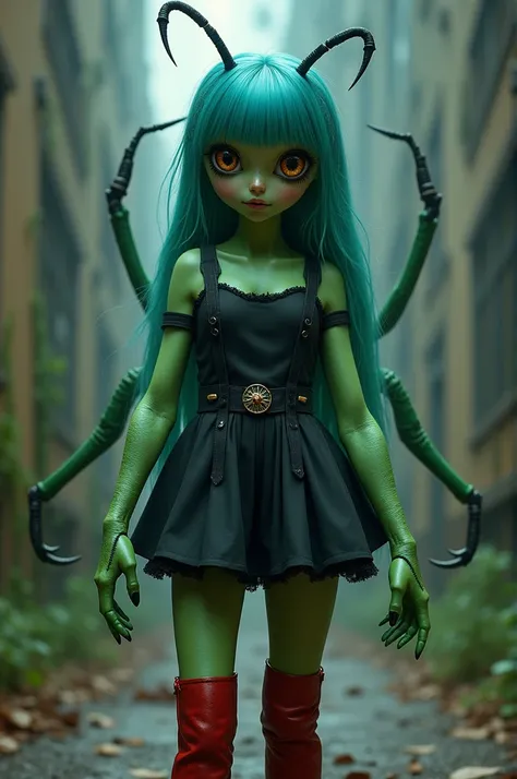 Girl without a mouth, emerald green skin, sapphire blue hair, amber eyes, black mini dress, suspenders, red boots, four arms, insect antennae on her head