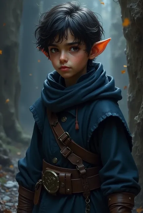 rogue , halfling, naughty man, age 25, brown dark eyes, medium hair quack, rosto de naughty man adulto, small, pointy ears, sem beard, clothes with navy blue color, very dark