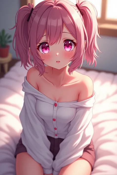 Generate a anime looking girl with pink eyes and a fluffy bob with 2 messy big pigtails on the side wearing only a white button off-shoulder shirt sitting on a bed