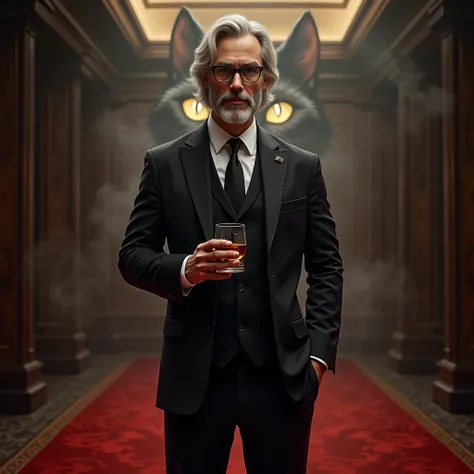 Create a realistic image where a young business man with mid long white coloured hair and beard but hes actually young and wearing black luxury suit and a ni black spectacles and standing on luxury floor with red carpet, hes holding a whiskey glass in his ...