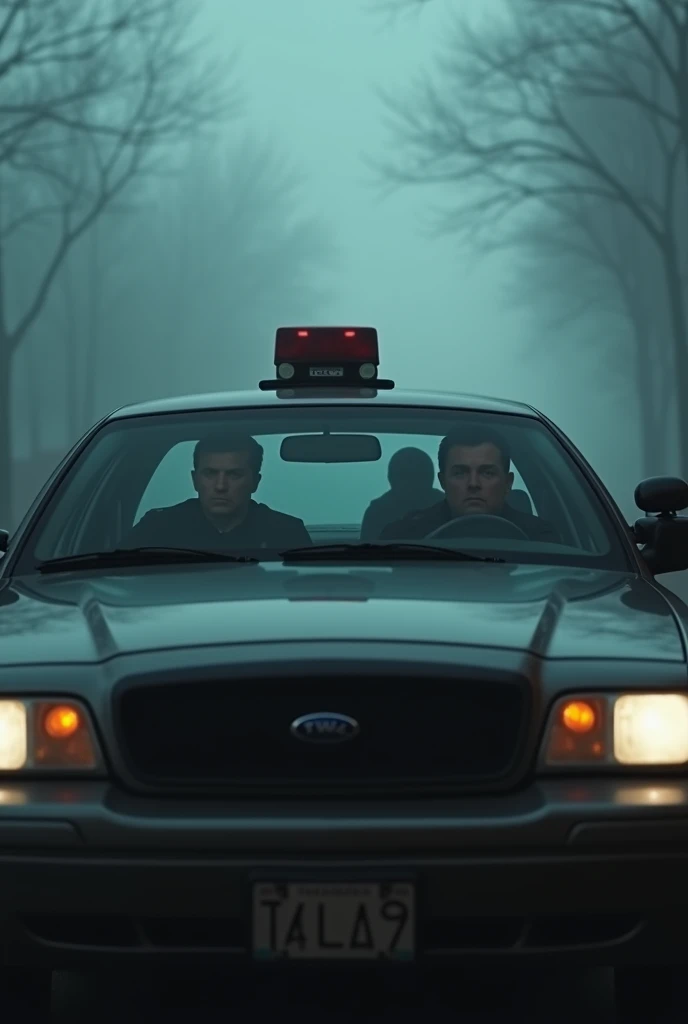 2 men sitting in a patrol car.The foggy conditions are creepy.A stooped old woman stood behind the car.