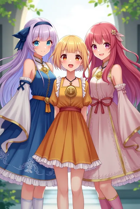 3 beautiful young girls the first girl with long lavender hair with bangs with light blue eyes in a gorgeous blue and white dress with detailed sleeves showing shoulder and short socks up to the ankles. The second girl with short sun yellow hair with bangs...