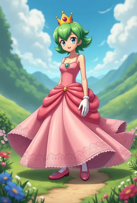 Create "Pokémon rival Wally in Princess Peach dress"