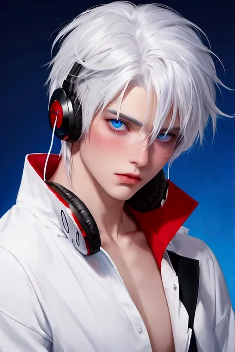 White haired boy with red highlights and blue eyes. Breasts, blush, blue eyes, headphones, streaked hair, 