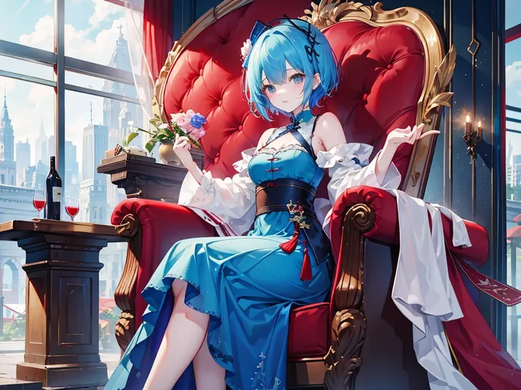 Wearing a dress、A young lady with short blue hair sitting on a red throne。