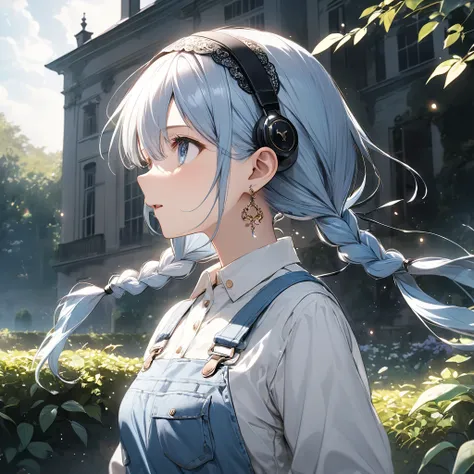 (Very detailed CG ユニティ 8k 壁紙, masterpiece, 最high quality, Very detailed), (Best lighting, Best Shadow, Very delicate beauty), floating, profile、Sparkling eyes, [(head band, Earrings, Headphones and braided pigtails, Light blue overalls) :: 0.8] , (Dynamic ...