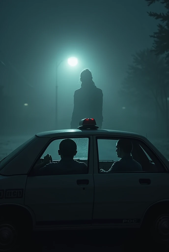 2 men sitting in a patrol car.The foggy conditions are creepy.A creepy old hunchbacked woman knocks on the car window