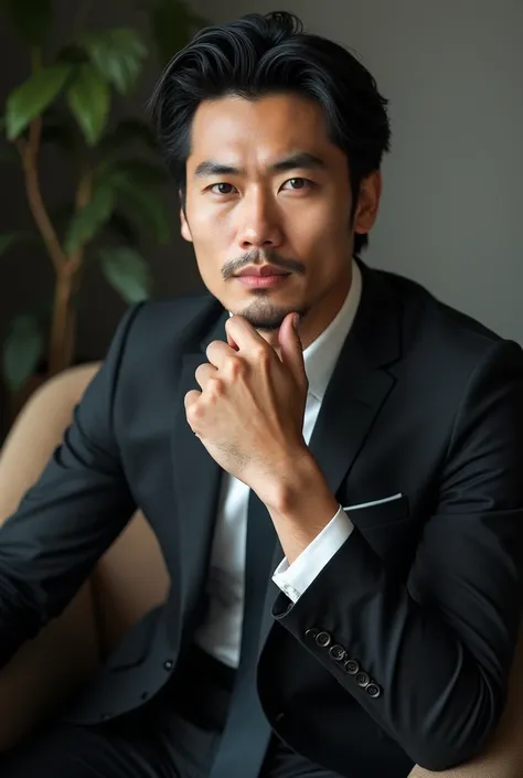 A slim but slightly muscular Japanese man in a suit, Photographed with a smartphone, Top quality, 1 beautiful men, Perfect Face, Japanese men, age 34, suit, ((center part hair)), medium short hair, black hair, ((oily hair)), Sitting in a chair, hands on ch...