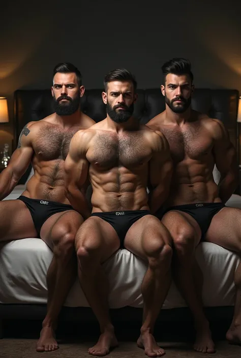 3 man, attractive, strong but with a bit of a belly, Very short black hair, two-day beard, Black eyes with a penetrating gaze, body full of hair, lots of hair on the stomach, lots of hair on the pectorals, lots of hair on the shoulders, lots of hair on arm...