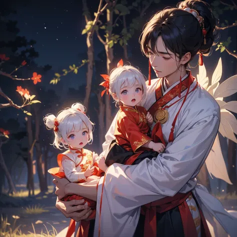 A one-year-old baby boy in an ancient Chinese baby costume with his beautiful mother, dressed in an white ancient Chinese costume, playing with each other, with his handsome father standing next to his mother, close up.

Background is a dark moonless night...