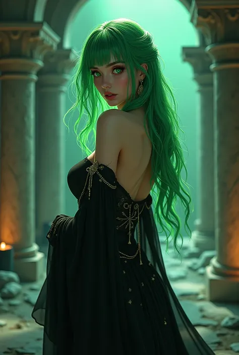 Beautiful adult woman with green hair and green eyes with perfect curvy anatomy, Black Ancient Greek clothing with anime style 