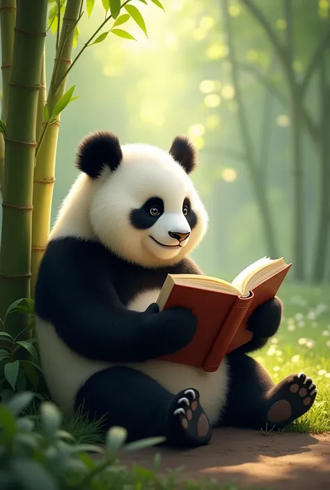 a panda is reading book