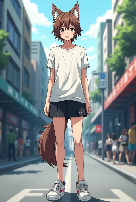 an anime character,Male gender,Rol Omega omegaverse,Brown hair a little long,height 1.31, personality Tantrum and cry, Clothing White shirt and a short black skirt and white Nike sneakers,background in the street,That has wolf ears and tail