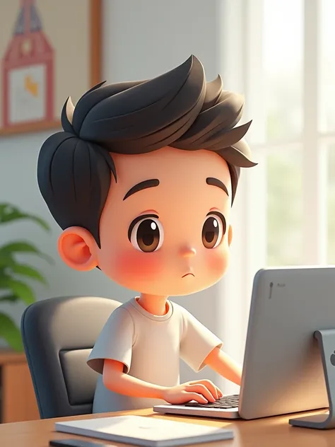 Chibi version of young man using computer