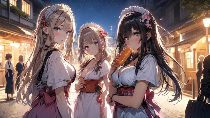 Masterpiece, super high quality anime style illustration, 8K, early Meiji period in Japan. In front of an old fashioned cafe, outdoors at night, ((very beautiful 20 year old maids)), ((two beautiful girls with gloomy expressions)). Colorful eyes, pink lips...