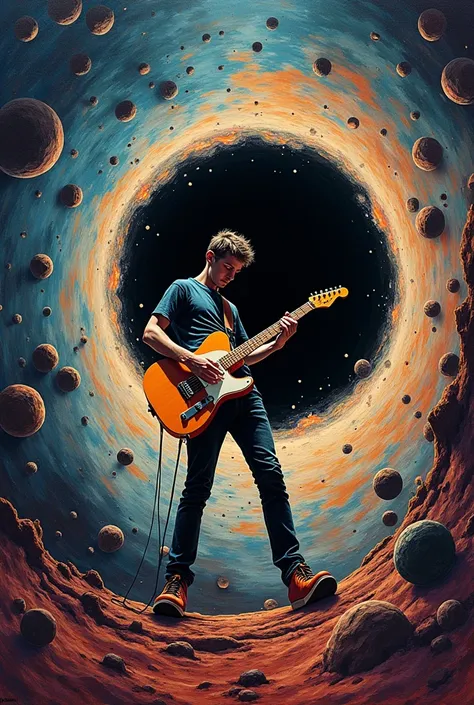 Create a drawing of a man playing guitar being sucked into a black hole. The outlines of the man should be shaky. The drawing should be in a psychedelic style with the painting having a visual effect.