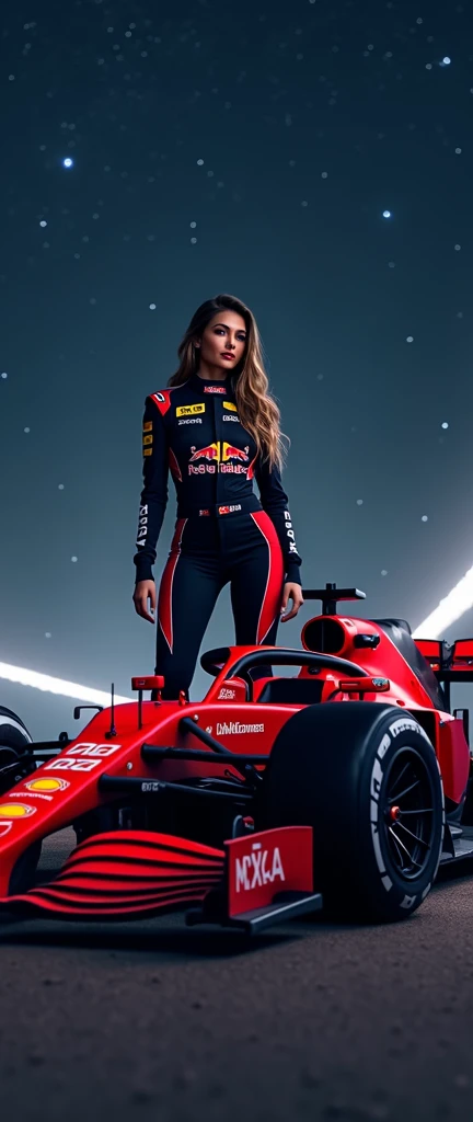 Woman in sexy Formula 1 outfit next to a nice tuned racing car, on a night full of stars