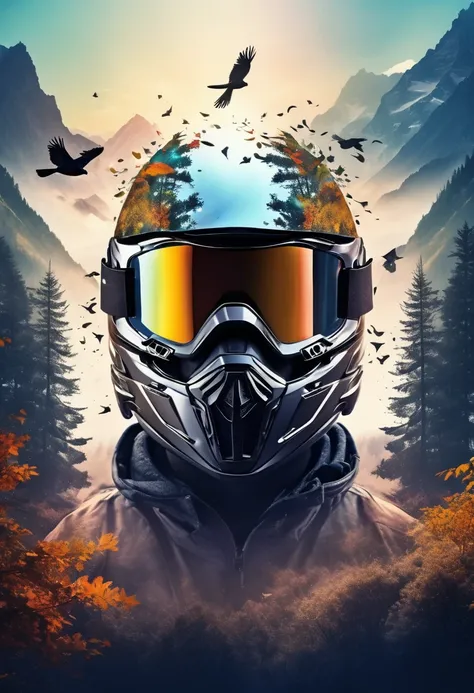 Triple exposure of the silhouette face of a man wearing a motocross helmet profile  and shiny goggles ,  mountains, birds in the air, nature beauty and wonder, magical, majestical, beautiful colors,branches with leaves 
