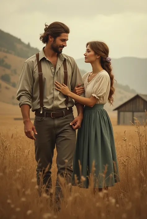 Very young English ancient vintage theme picture of women 
wife helping men husband as farmer with the Brown and minimalist theme.