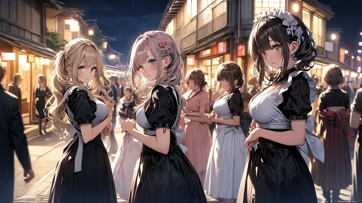 Masterpiece, super high quality anime style illustration, 8K, early Meiji period in Japan. In front of an old fashioned cafe, outdoors at night, ((very beautiful 20 year old maids)), ((two beautiful girls with gloomy expressions)). Colorful eyes, pink lips...