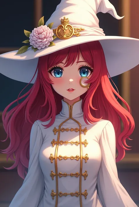 You can create a Harry Potter Magic aweekend girl in which you show a fifth year howarts girl, navy blue eyes, a white tunic with gold and elegant tie, hat tilted halfway white, a monocle, Red lips, redhead, you are elegant, With anime style 