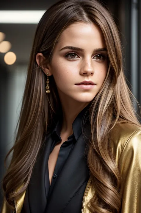 (high quality, realistic:1.2), portrait, beautiful flowing hair, beautiful Emma Watson, wearing a sexy jacket, detailed eyes, luscious lips, sensual gaze, luxurious texture, shimmering highlights, soft shadows, subtle smile, impeccable makeup, perfect skin...