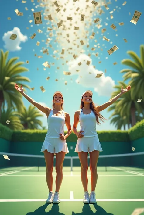 Two beautiful female tennis players smile happily, look up, spread their arms, wait to receive money, which has a lot of money falling from the sky on the tennis court.