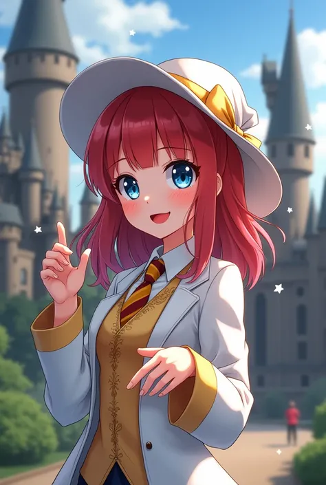 You can create a Harry Potter Magic aweekend girl in which you show a fifth year howarts girl, navy blue eyes, a white tunic with gold and elegant tie, hat tilted halfway white, Red lips, redhead, you are elegant, With anime style 