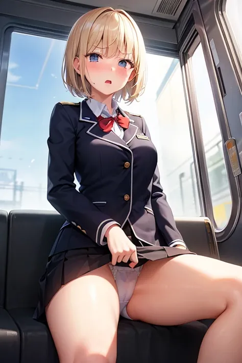 on the train,Uniformed,High School Uniform,Sit in your seat,Leg spread,Spreading legs,Flipping up a skirt,Showing panties,Lifting up her skirt,White panties,Looking forward,Normal milk,Normal boobs,Blonde,Short Hair,Blue Eyes,Very embarrassed,Hold your mou...