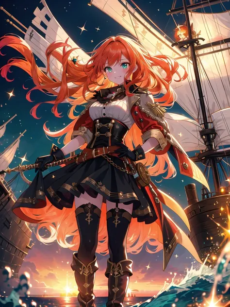 ((8k, Best Quality, Masterpiece: 1.3)), Ultra High Resolution, ( Girl, Solo), (Color Changing Eyes, Ultra Detailed, Expressive Sparkle, Shimmering, Glowing Eyes), Highly Detailed Eyes,On the deck of a grand ship surrounded by the vast ocean, a lively girl ...